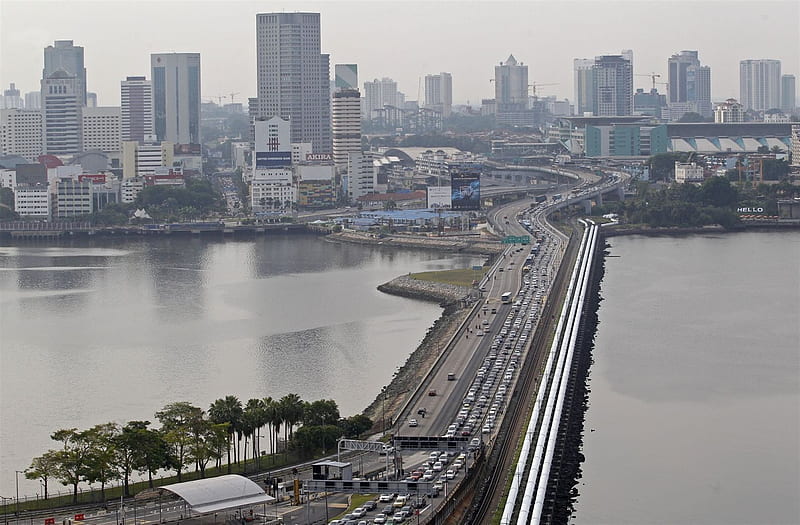 singapore, causeway, malaysia, city, dam, megapolis, skyscrapers, HD wallpaper