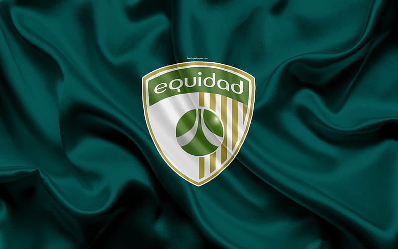 Club Deportivo La Equidad logo, Colombian football club, silk texture, green flag, Categoria Primera A, Bogota, Colombia, football, Liga Aguila, HD wallpaper