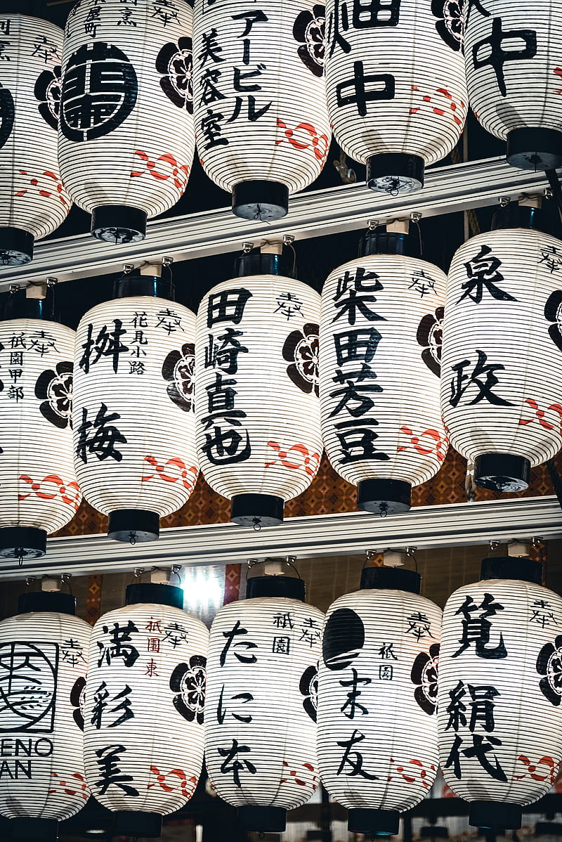 chinese lanterns, lanterns, white, hieroglyphs, lettering, HD phone wallpaper