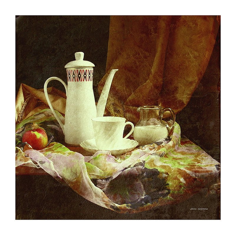 Tea Time, apple, table, shawl, composition, bonito, teacup, fruit, teapot, glass pot, milk, HD wallpaper
