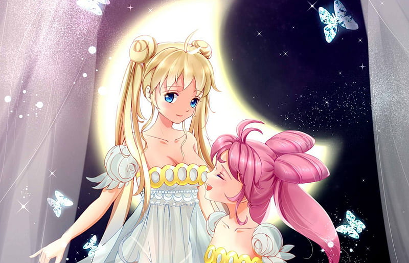 Sailor Moon, pretty, adorable, sweet, nice, butterfly, anime, beauty, anime girl, long hair, lovely, twintail, small lady, gown, blonde, cute, serenity, crescent, dress, blond, bonito, sublime, elegant, twin tail, sailormoon, gorgeous, chibiusa, female, blonde hair, twintails, twin tails, princess serenity, blond hair, kawaii, girl, pink hair, princess, HD wallpaper