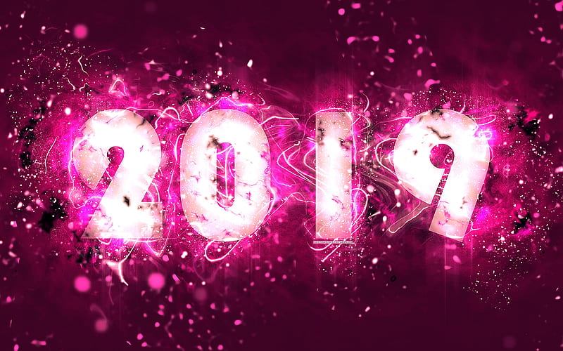 2019 year, creative, neon lights abstract art, 2019 concepts, purple background, purple neon, Happy New Year 2019, HD wallpaper