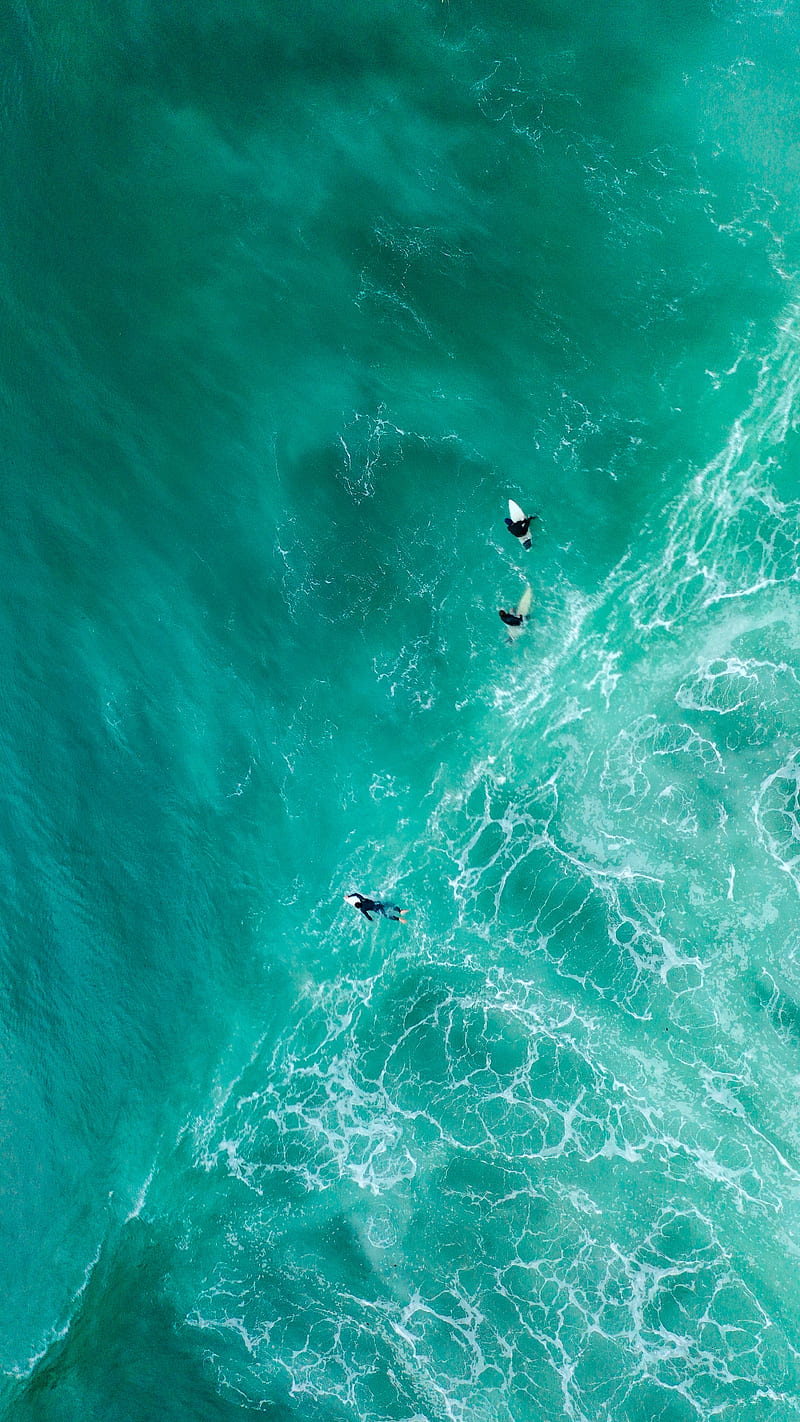 sea, surfers, aerial view, waves, water, HD phone wallpaper