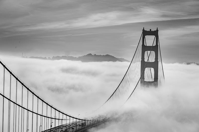 bridge, clouds, fog, bw, HD wallpaper