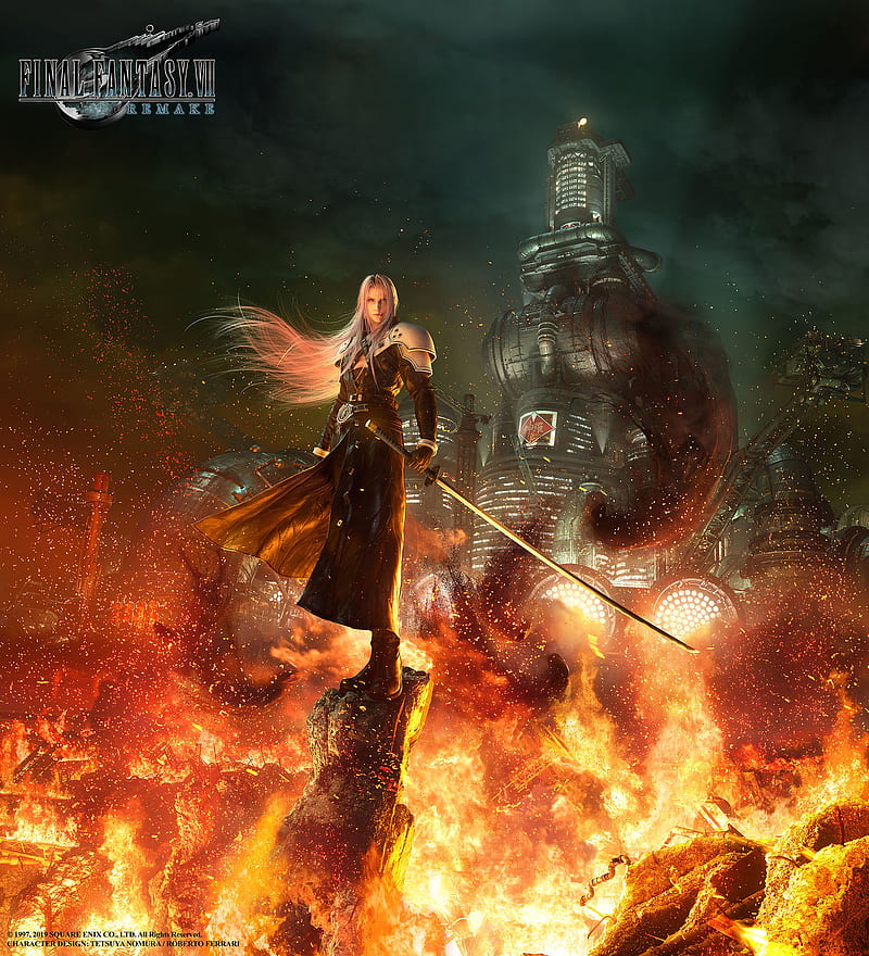 video games, Midgar, Shinra , Sephiroth, fire, Final Fantasy VII: Remake, HD phone wallpaper