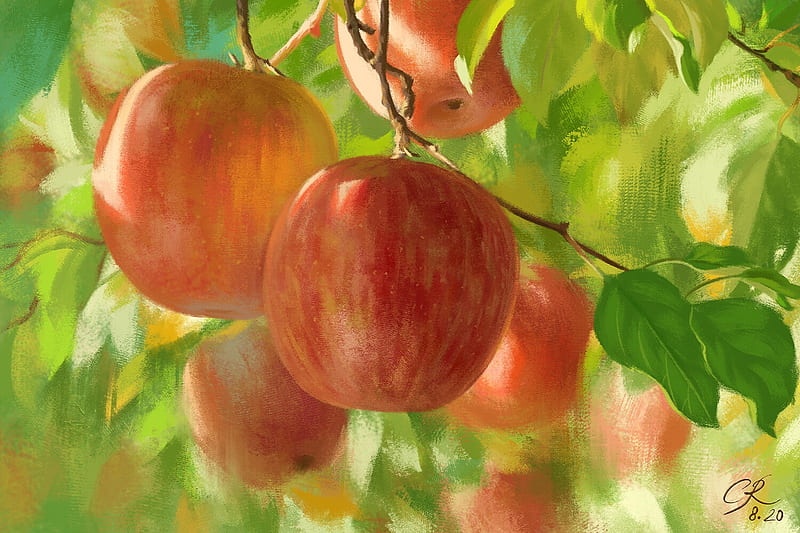 Apples, sea, green, crystalrain, art, red, apple, crystal rain, autumn, toamna, fruit, fantasy, HD wallpaper