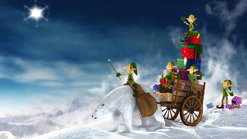 onwards, cart, bear, elfs, snow, parcels, HD wallpaper