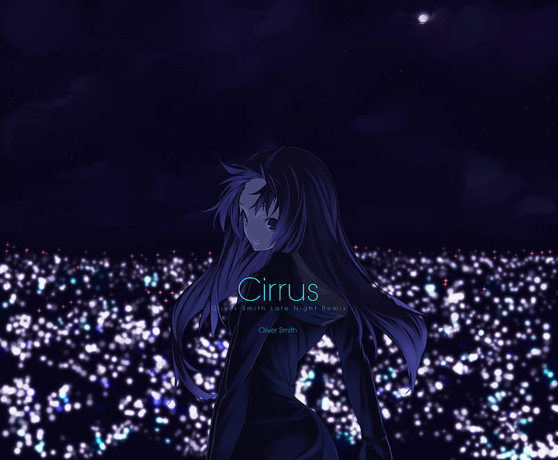 Cirrus, night sky, girl, anime, music, lights, oliver smith, HD wallpaper