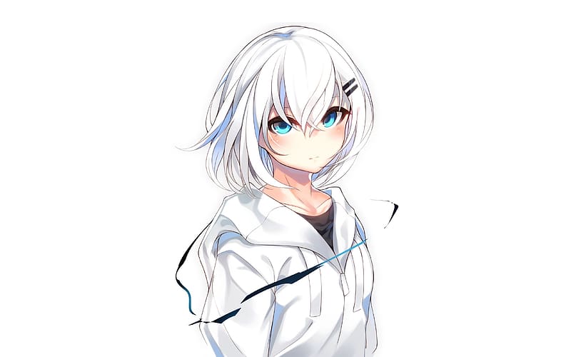Anime, Girl, Hoodie, Blue Eyes, White Hair, HD wallpaper