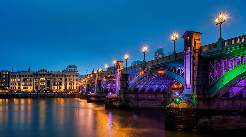 colorful light on southwark bridge in london, city, bridge, colors, river, evening, lights, HD wallpaper