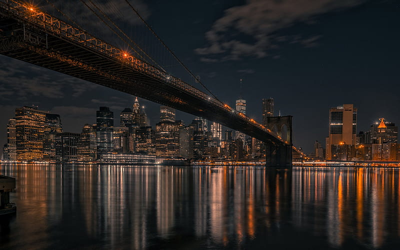 New York City, Brooklyn Bridge, evening, night, New York, skyscrapers, Manhattan, skyline, New York panorama, USA, HD wallpaper