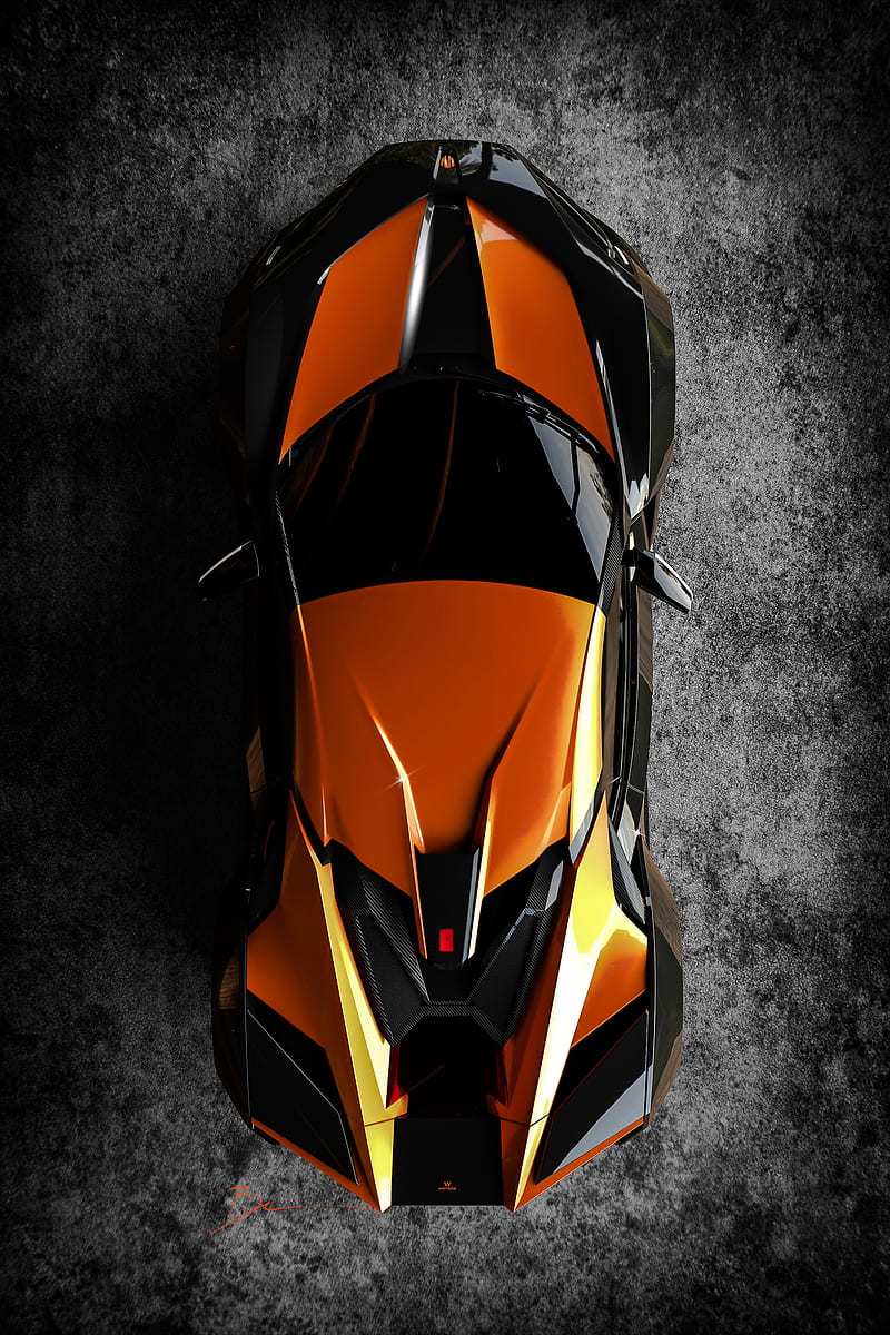 car, sportscar, orange, black, top view, HD phone wallpaper