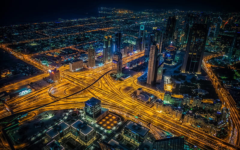 Dubai, night, buildings, road, metropolis, United Arab Emirates, UAE, HD wallpaper