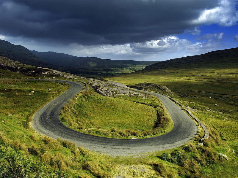 Healy Pass, drive, dark cloud, scenic, grass, ireland, green, road, hairpin bend, HD wallpaper
