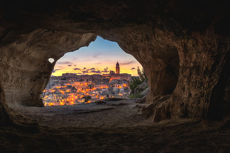 brown cave with over-view of city, HD wallpaper