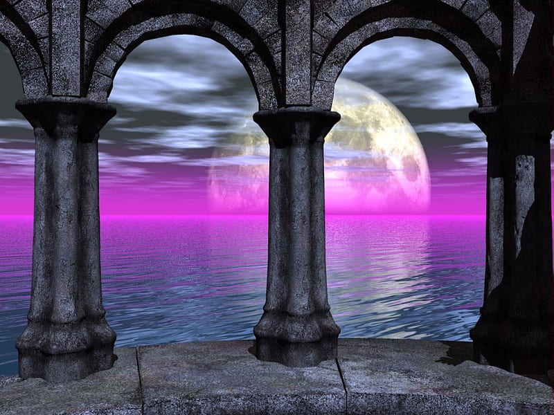 SEA TURTLE BAY, water, moon, sky, pink, HD wallpaper