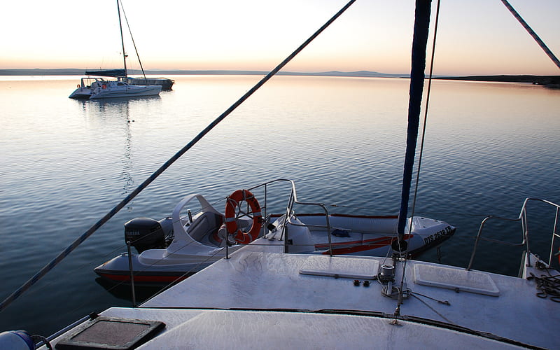 A quiet afternoon, lagoon, catamaran, boats, sailing, boating, speed boat, HD wallpaper