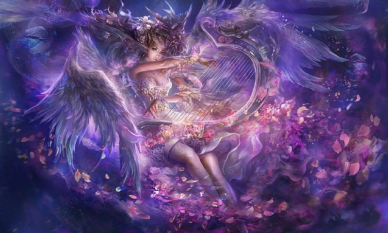 Christmas Angel, wings, girl, art, harp, flowers, digital, HD wallpaper