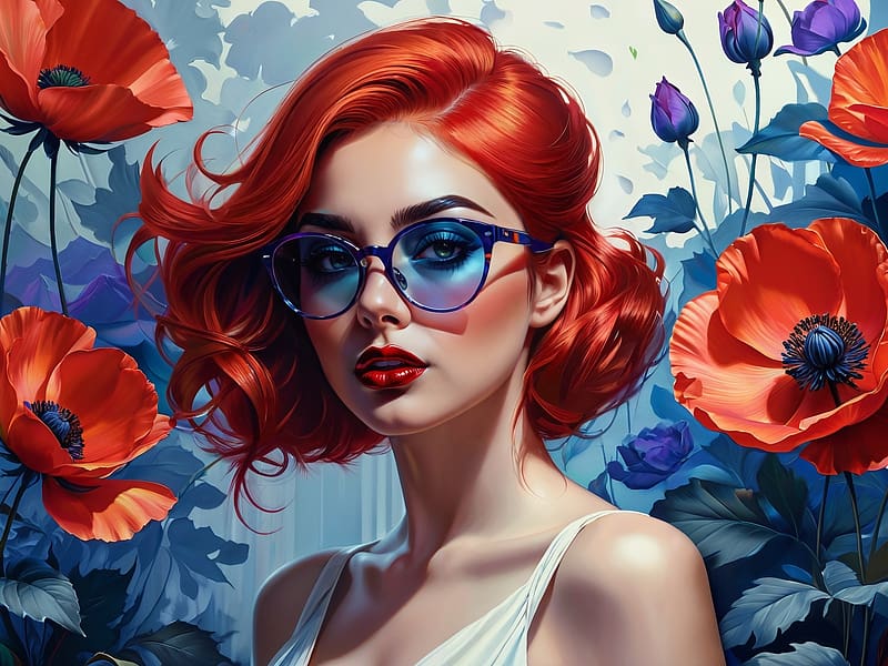 :), poppy, summer, blue, girl, flower, frumusete, fantasy, redhead, garden, red, woman, face, art, vara, sunglasses, HD wallpaper