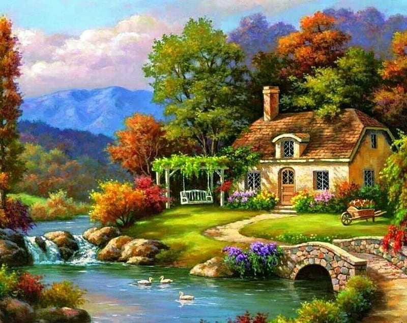 *, Garden, Swans, Pond, Bridge, Art, Painting, Cottage, HD wallpaper