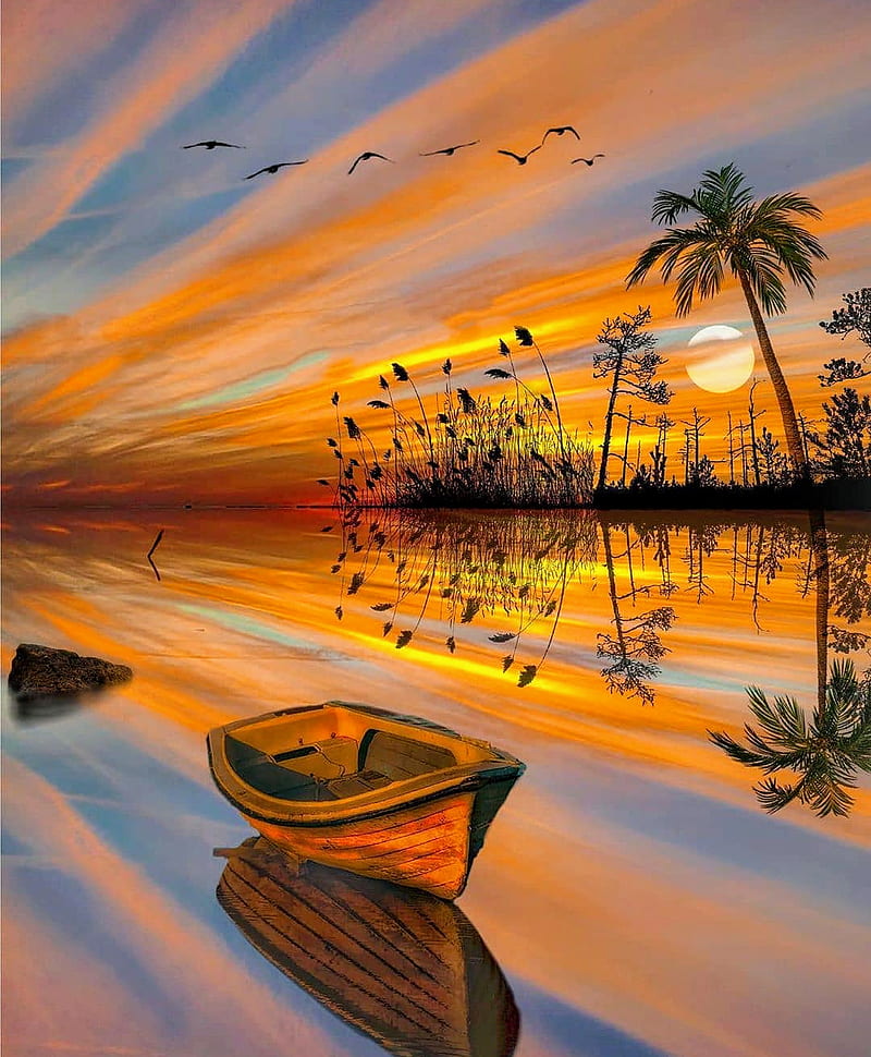 Boat on the lake, birds, calm, orange, palm trees, skies, sunrise, sunset, water, HD phone wallpaper
