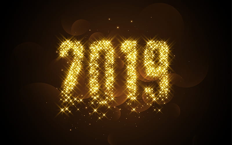 Happy New Year 2019, golden bright letters, bright lights, 2019 golden background, greeting card, 2019 concepts, HD wallpaper