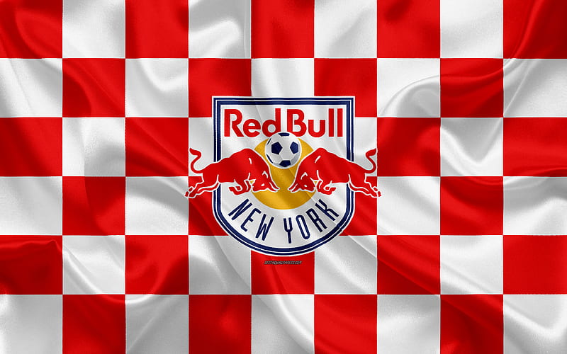 New York Red Bulls logo, creative art, red and white checkered flag, American Soccer club, MLS, emblem, silk texture, New York, USA, football, Major League Soccer, HD wallpaper