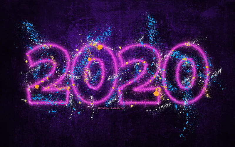 2020 paint splatter digits grunge, Happy New Year 2020, violet grunge background, 2020 neon art, 2020 concepts, paint splashes digits, 2020 on violet background, 2020 year digits, HD wallpaper