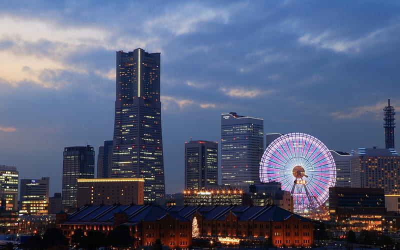 Yokohama, japan, city, japanese, ferris wheel, scenery, lights, HD wallpaper