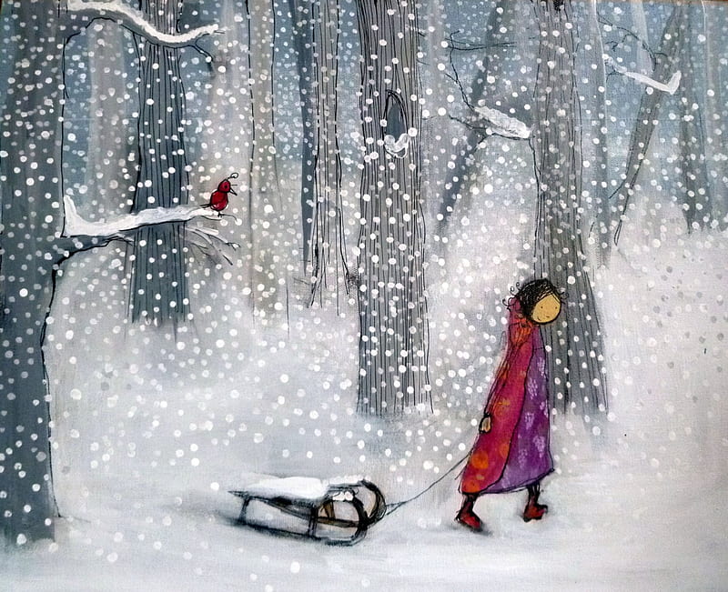Winter Wonderland, sleigh, forest, sled, winter, cold, girl, bird, snow, sledge, HD wallpaper