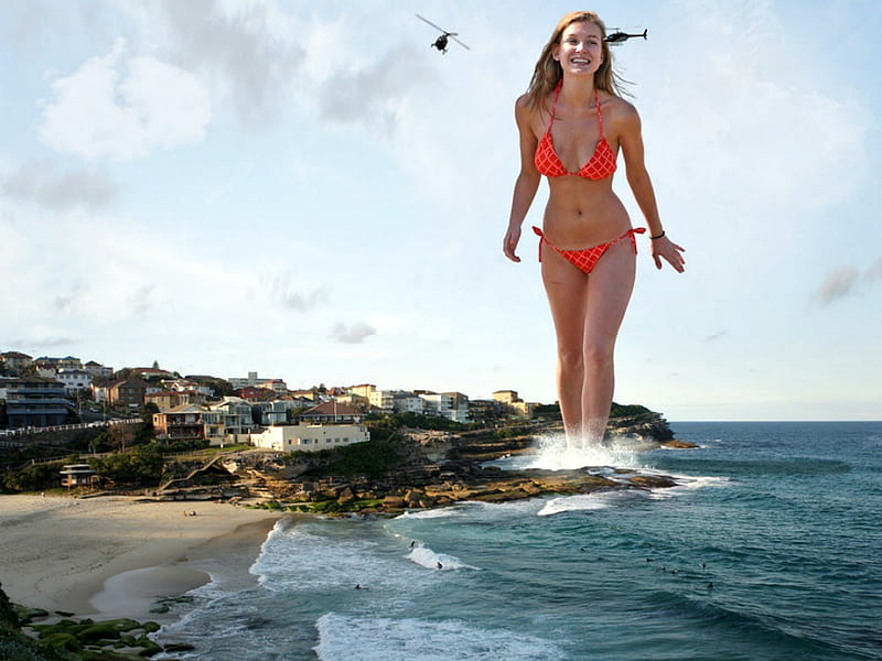 Giantess Walking along the Beach, Giant, Blonde, Abstract, Model, beach, Bikini, HD wallpaper