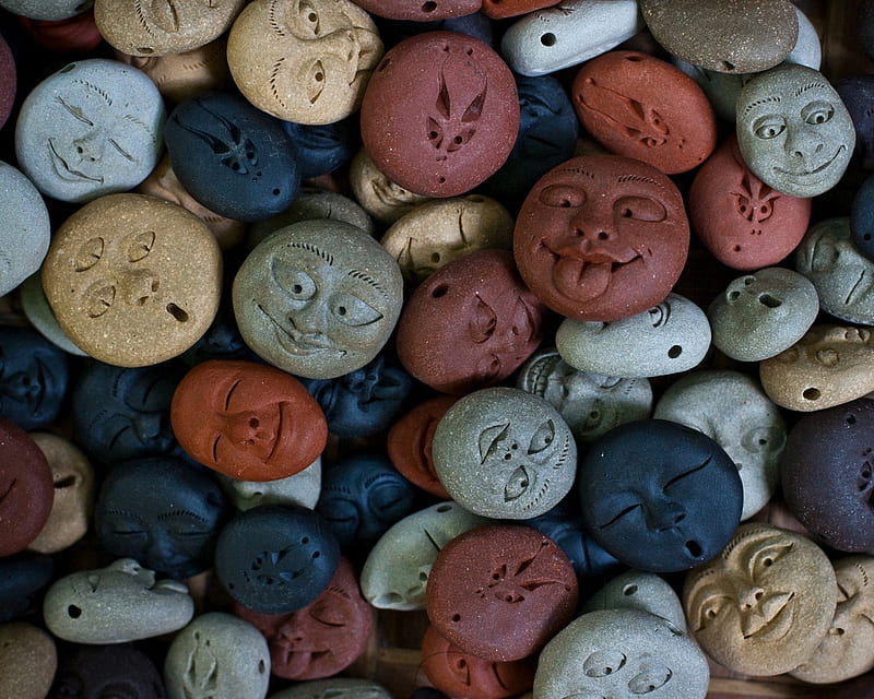 Stone Faces, blue, brown, cool, faces, figures, gray, red, stones, HD wallpaper