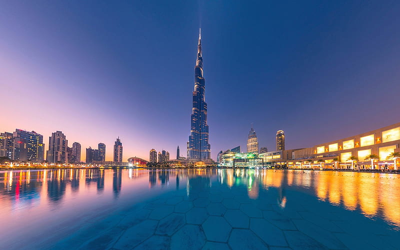 Burj Khalifa, Dubai, United Arab Emirates, evening, the tallest building, skyscrapers, fountains, modern architecture, UAE, HD wallpaper