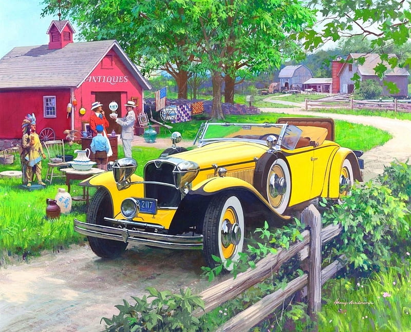Ruxton -1930, draw and paint, love four seasons, brands, attractions in dreams, carros, Ruxton 1930, people, old shop, summer, retro car, HD wallpaper