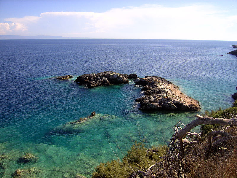 Tremiti Islands Italy, rocks, scenic, clear, sea, driftwood, water, green, cliff, blue, HD wallpaper
