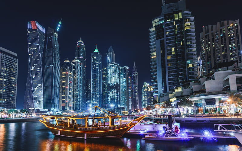 Dubai, Night, skyscrapers, modern architecture, bay, boats, arabian night, UAE, United Arab Emirates, HD wallpaper