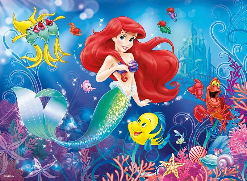 Little mermaid, luminos, fish, redhead, mermaid, sea, fantasy, girl, summer, princess, disney, blue, HD wallpaper