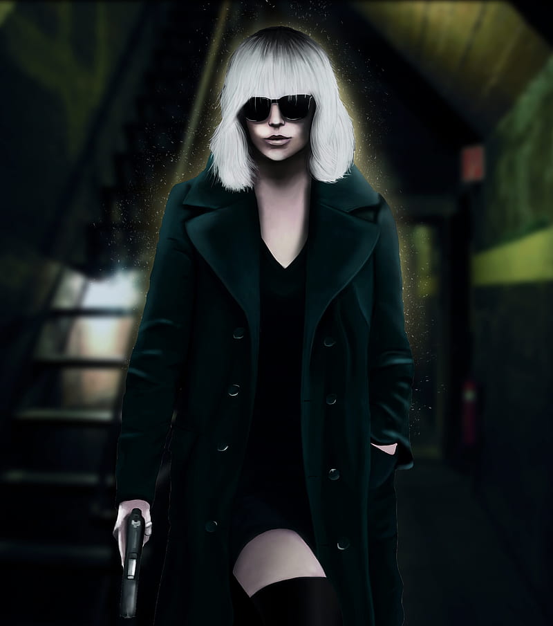 Atomic Blonde (Movie), blond hair, black suit, black coat, fan art, artwork, digital painting, digital art, HD phone wallpaper