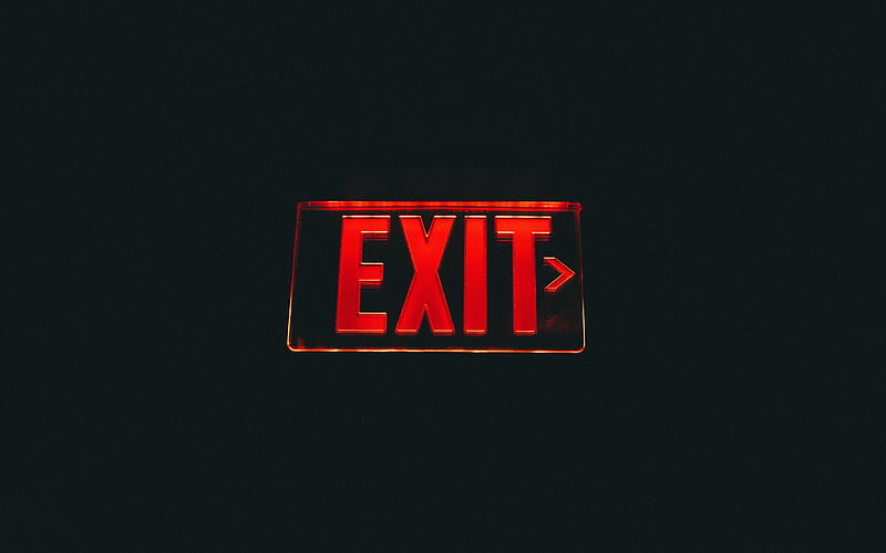 Exit sign, red neon sign, black background, creative art, exit concepts, HD wallpaper