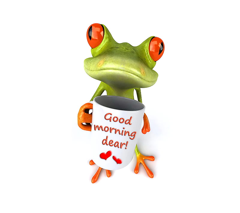 Good Morning, 3d, coffee, frog, funny, HD wallpaper
