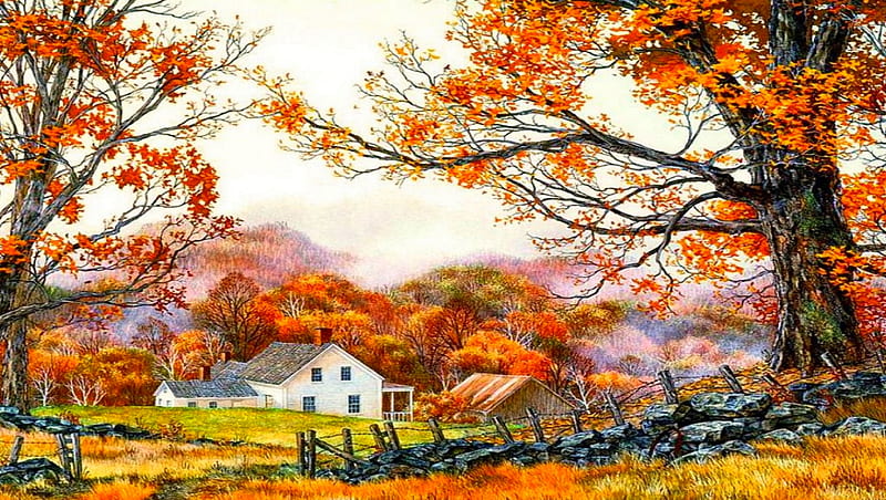 Farm House in Fall, fences, orange, nature, Falltrees, rural, autumn ...