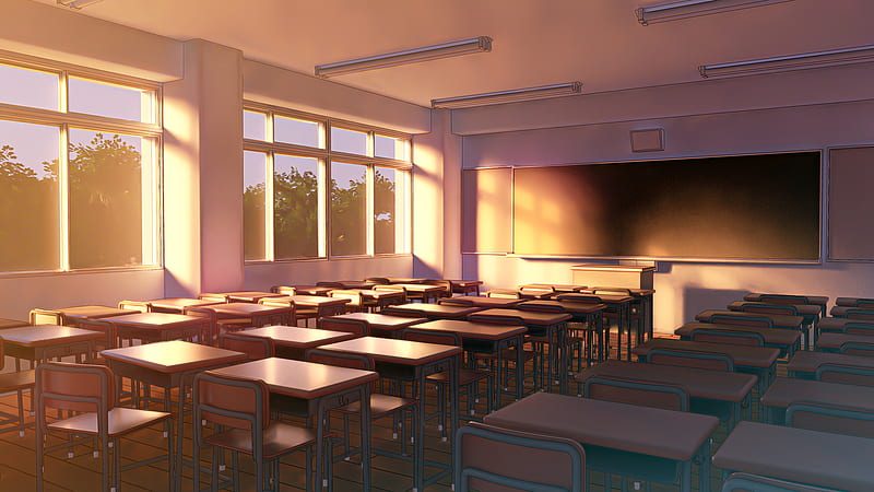 Anime classroom, sunset, windows, chair and desks, trees, Anime, HD  wallpaper