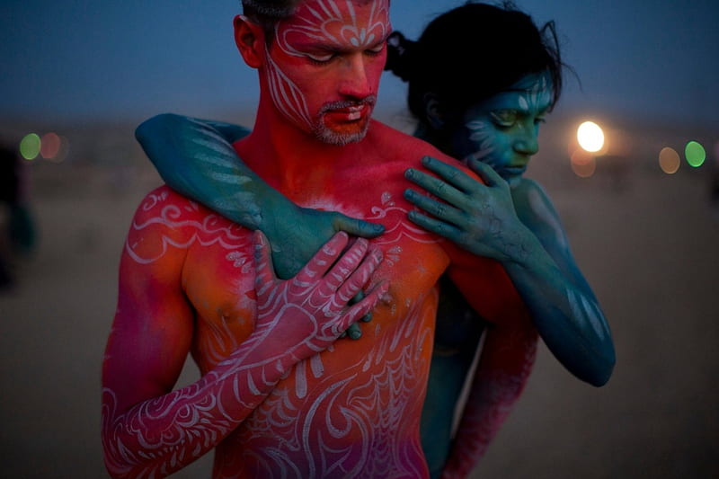 Colorful couple, festival, Israel, bodypaint, Burning Man, Art, Negev desert, HD wallpaper