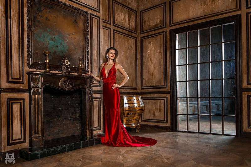 Waiting For Her Guest Red Dress, Draping the Floor, Elegant, Candlesticks, Fireplace, Brunette, Halter, Nightfall, Armour, Woman, Room, Windows, Clock, Wood Floors, HD wallpaper