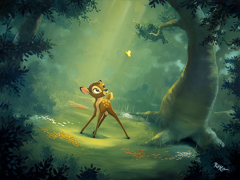 Bambi, forest, art, rob kaz, deer, butterfly, green, painting, pictura, disney, HD wallpaper
