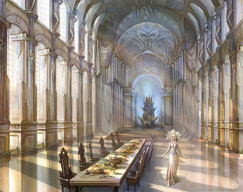 WAITING FOR GUESTS TO ARRIVE, dinner table, lady, palace, sunlit hall, HD wallpaper