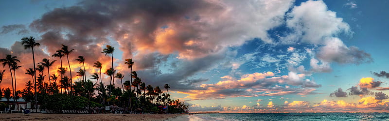 Tropics, orange, bonito, sunset, clouds, beach, dual monitor majestic, blue, panoramic sky, trees, weather, palms, awesome, nature, HD wallpaper