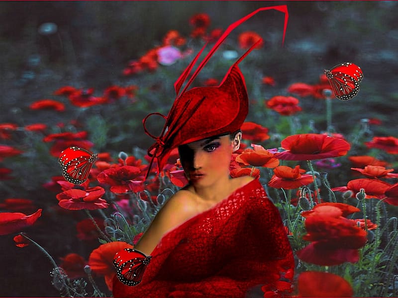 Ladies Millinery Red, bold, flowers, dress, hat, colorful, vibrant, butterflies, vivid, green, red, bright, HD wallpaper