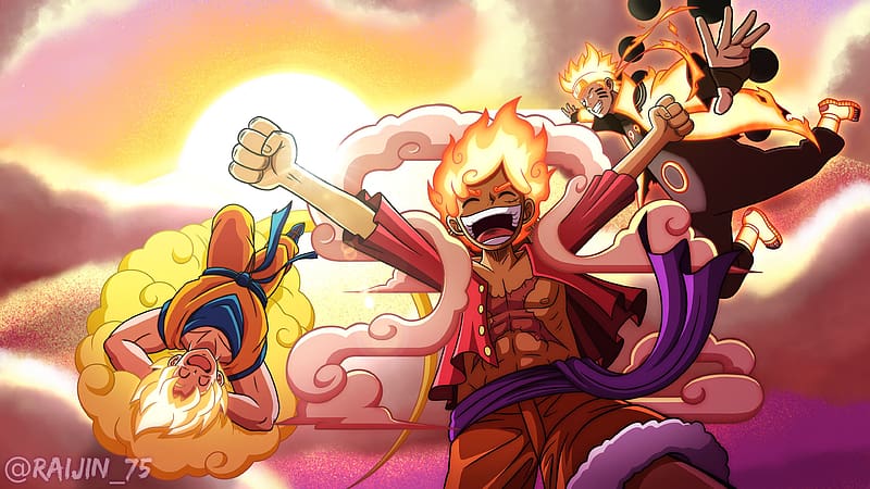Anime, Crossover, Goku, Naruto Uzumaki, Monkey D Luffy, Gear 5 (One Piece), HD wallpaper