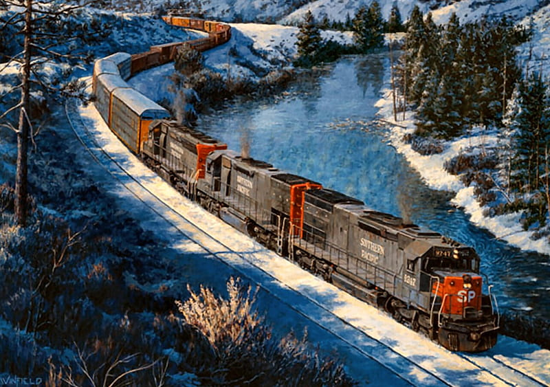 Southern Pacific Train F2, railroad, art, locomotive, artwork, Southern Pacific, train, engine, painting, wide screen, HD wallpaper